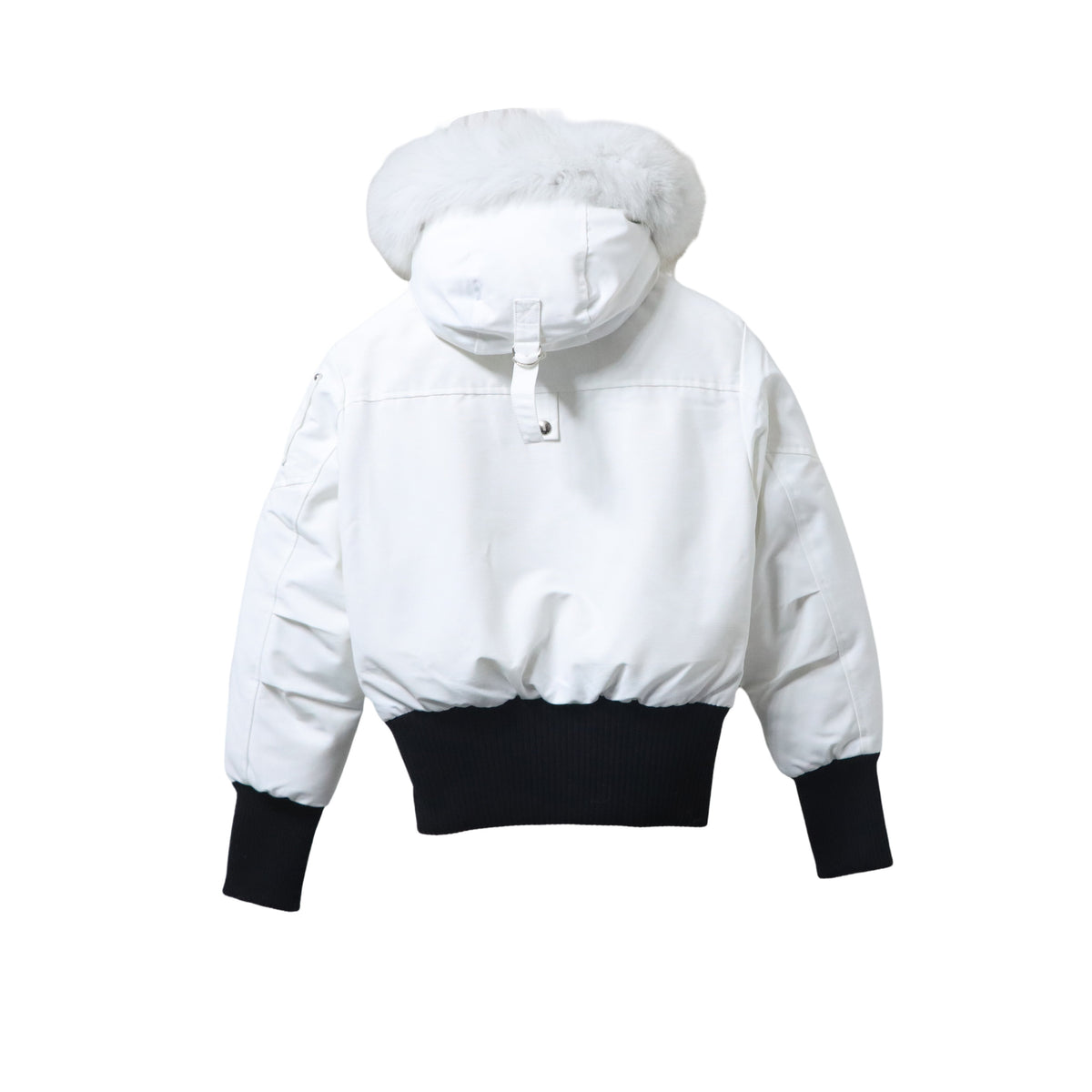 Moose Knuckles White Pom-Pom Hooded Bomber Jacket with Black Trim
