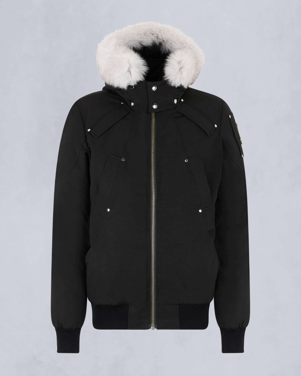 Moose Knuckles Black Contrast Plush-Trim Hooded Bomber Jacket