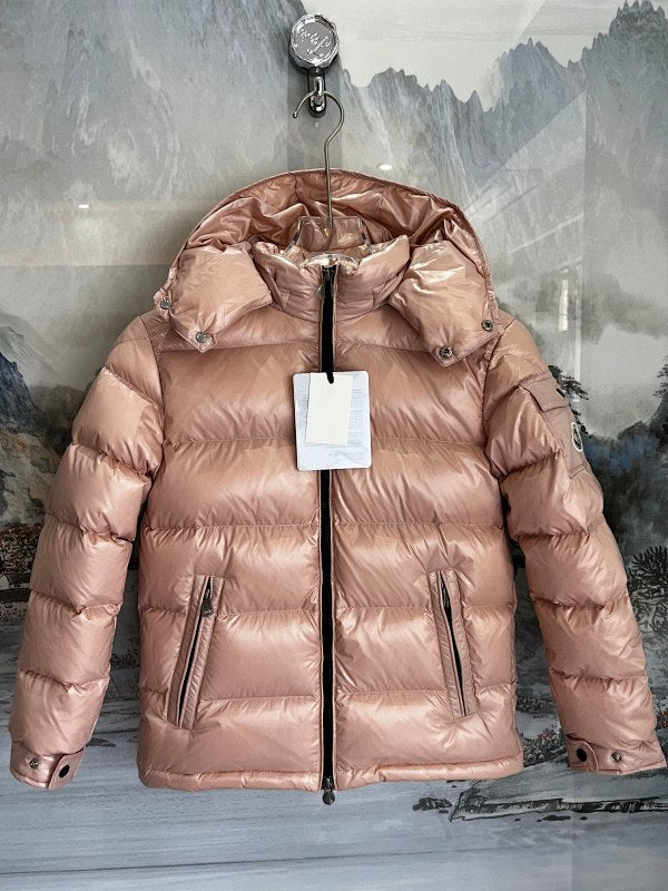 Moncler Glossy Rose Gold Hooded Quilted Puffer Jacket