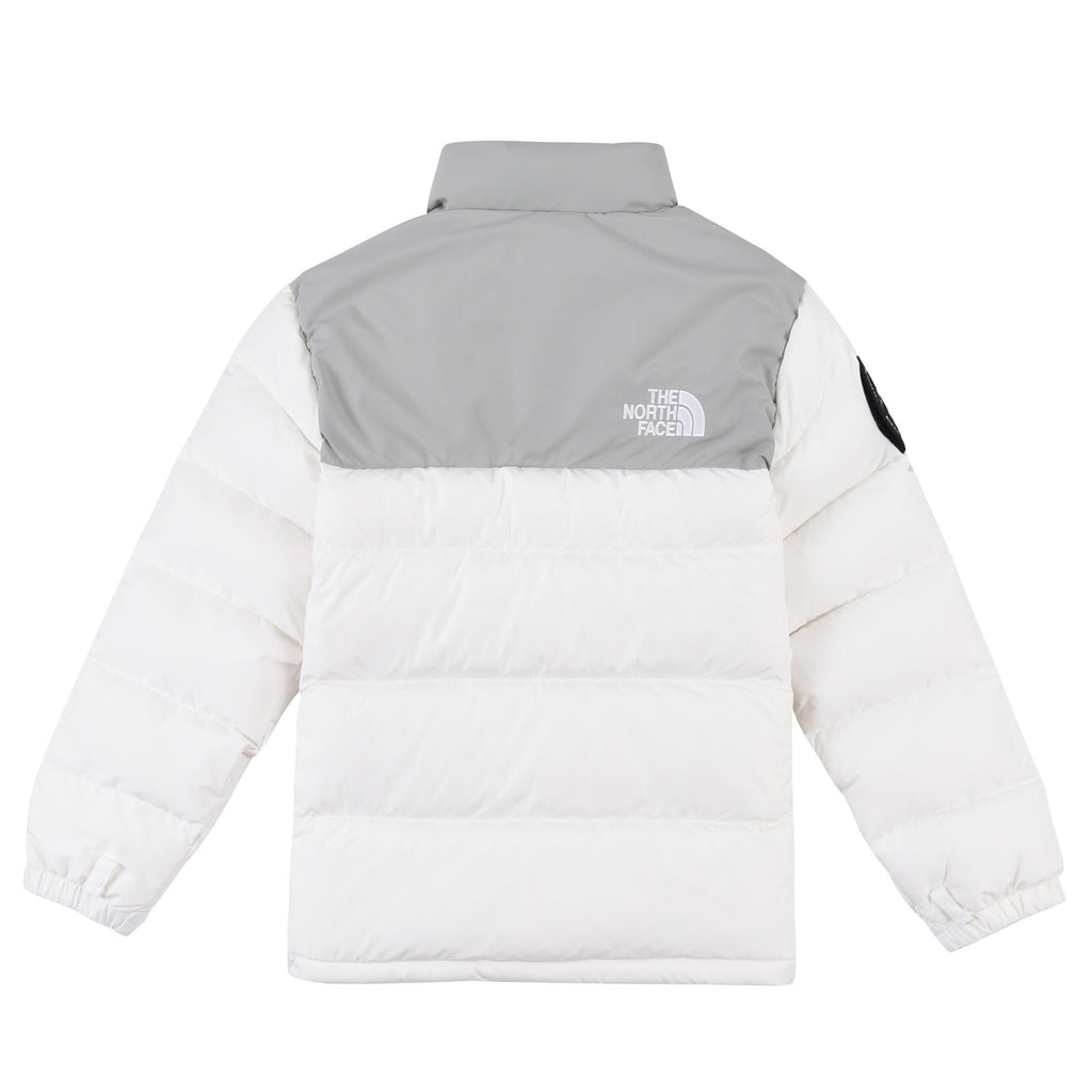 The North Face White and Light Gray Colorblock Puffer Jacket