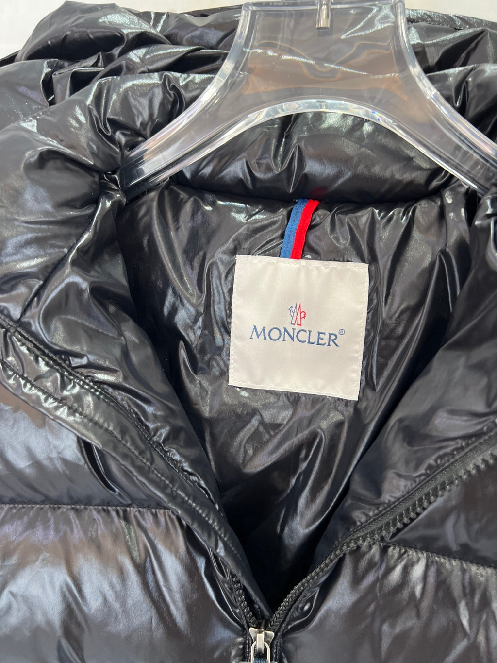 Moncler Glossy Black Hooded Puffer Jacket with Sleeve Pocket