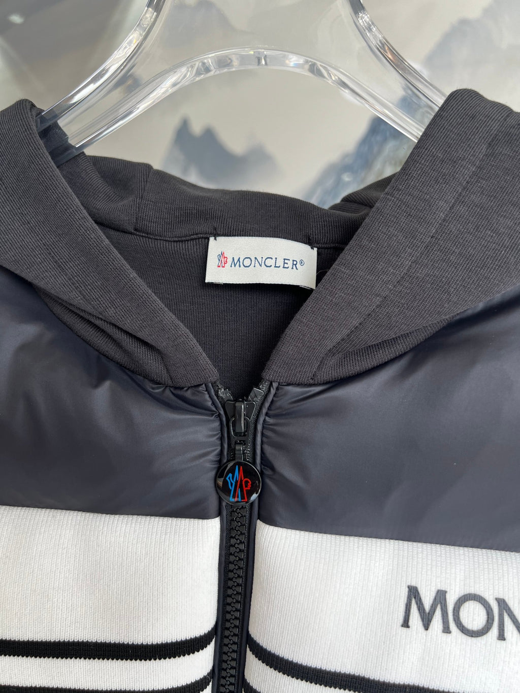 Moncler Black and White Stripe Quilted Front Hooded Jacket