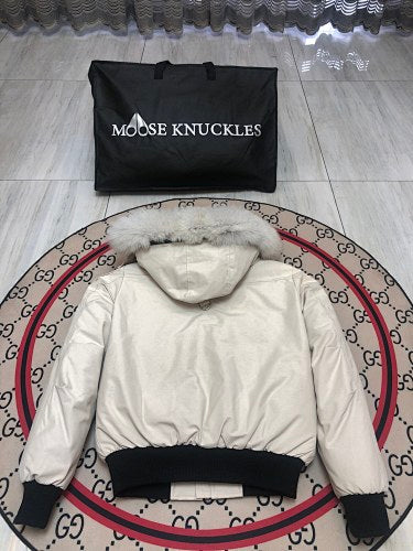 Moose Knuckles Ivory White Plush-Trim Hooded Bomber Jacket