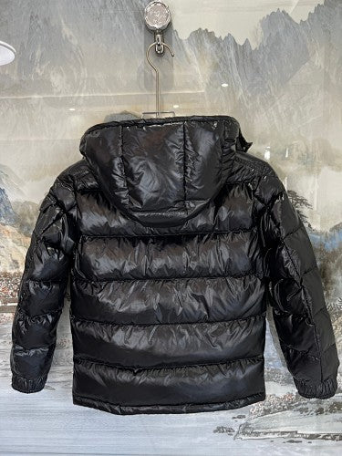 Moncler Glossy Black Hooded Puffer Jacket with Sleeve Pocket