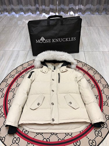 Moose Knuckles Ivory White Plush-Trim Hooded Puffer Parka