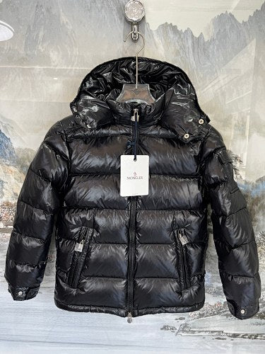 Moncler Glossy Black Hooded Puffer Jacket with Sleeve Pocket