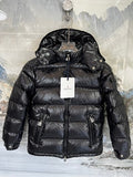 Moncler Glossy Black Hooded Puffer Jacket with Sleeve Pocket
