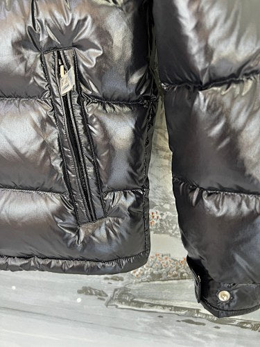 Moncler Glossy Black Hooded Puffer Jacket with Sleeve Pocket