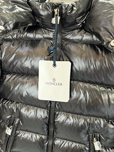 Moncler Glossy Black Hooded Puffer Jacket with Sleeve Pocket