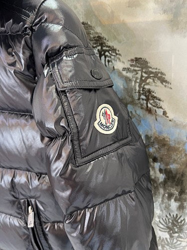 Moncler Glossy Black Hooded Puffer Jacket with Sleeve Pocket