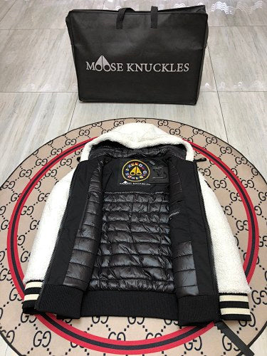 Moose Knuckles Ivory White Hooded Teddy Bomber Jacket