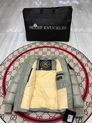 Moose Knuckles Sage Gray Stand Collar Quilted Puffer Jacket