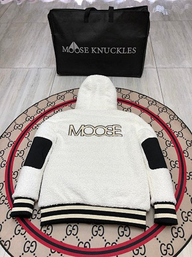 Moose Knuckles Ivory White Hooded Teddy Bomber Jacket