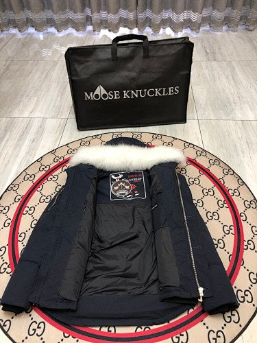 Moose Knuckles Navy Blue Plush-Trim Hooded Puffer Parka