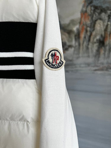 Moncler White and Black Stripe Quilted Front Hooded Jacket