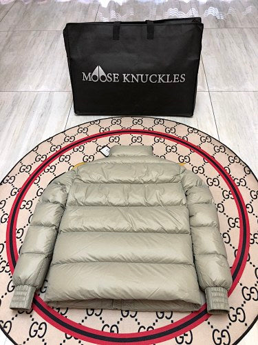 Moose Knuckles Sage Gray Stand Collar Quilted Puffer Jacket