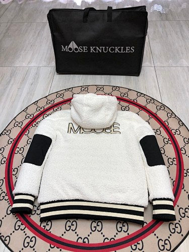 Moose Knuckles Ivory White Hooded Teddy Bomber Jacket