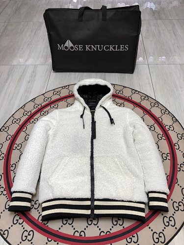 Moose Knuckles Ivory White Hooded Teddy Bomber Jacket