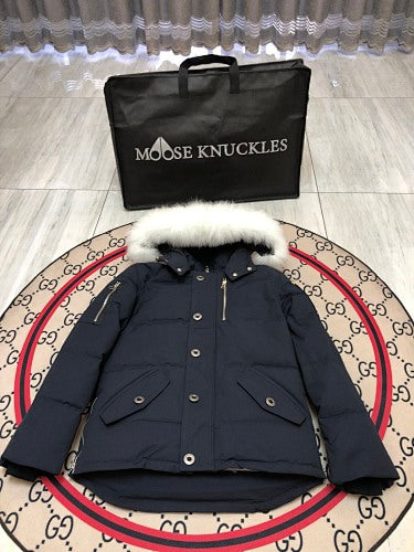 Moose Knuckles Navy Blue Plush-Trim Hooded Puffer Parka