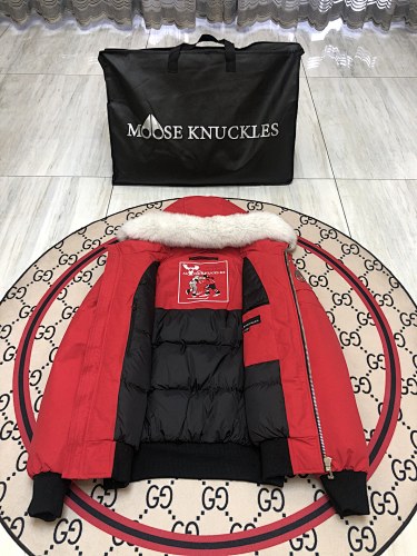 Moose Knuckles Red Plush-Trim Hooded Bomber Jacket