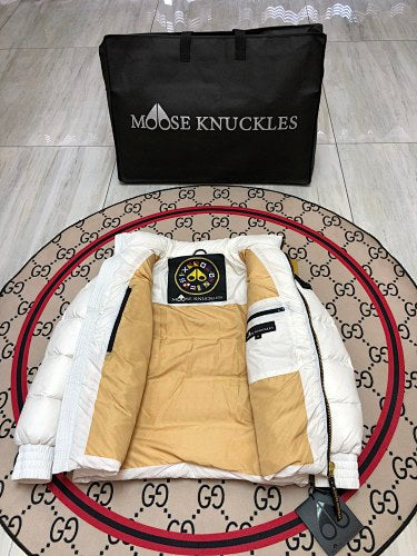 Moose Knuckles White Stand Collar Quilted Puffer Jacket