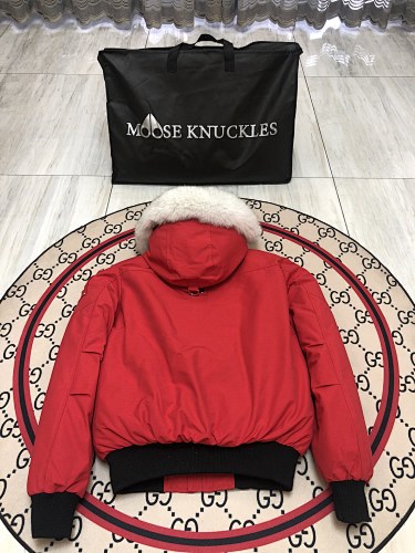 Moose Knuckles Red Plush-Trim Hooded Bomber Jacket