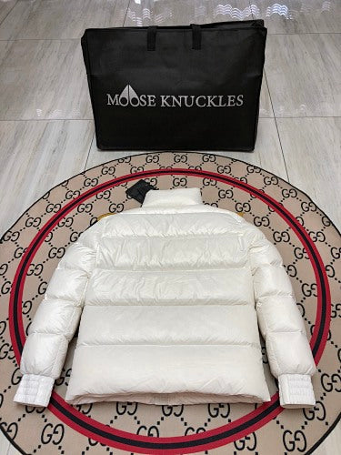 Moose Knuckles White Stand Collar Quilted Puffer Jacket