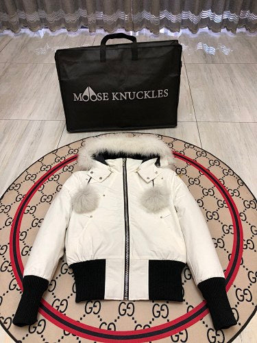 Moose Knuckles White Pom-Pom Hooded Bomber Jacket