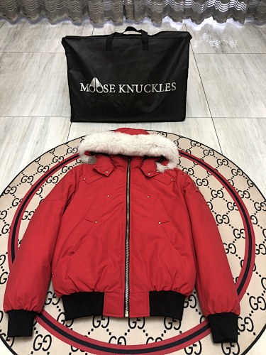 Moose Knuckles Red Plush-Trim Hooded Bomber Jacket