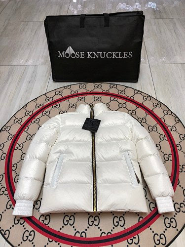 Moose Knuckles White Stand Collar Quilted Puffer Jacket