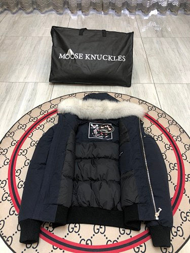 Moose Knuckles Navy Blue Plush-Trim Hooded Bomber Jacket