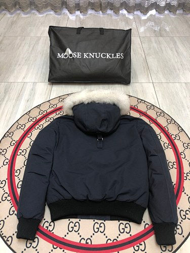Moose Knuckles Navy Blue Plush-Trim Hooded Bomber Jacket