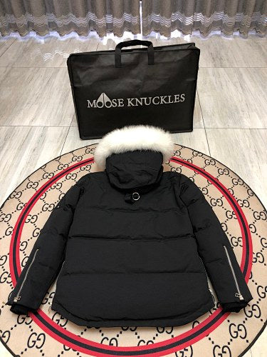 Moose Knuckles Black Plush-Trim Hooded Puffer Parka