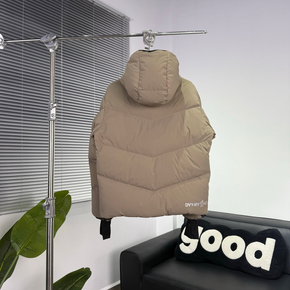 Moncler Taupe Beige Chevron-Quilt Hooded Puffer Jacket
