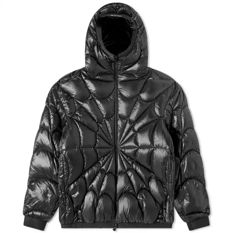 Moncler Glossy Black Spiderweb Quilted Hooded Puffer Jacket