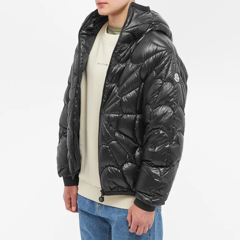 Moncler Glossy Black Spiderweb Quilted Hooded Puffer Jacket