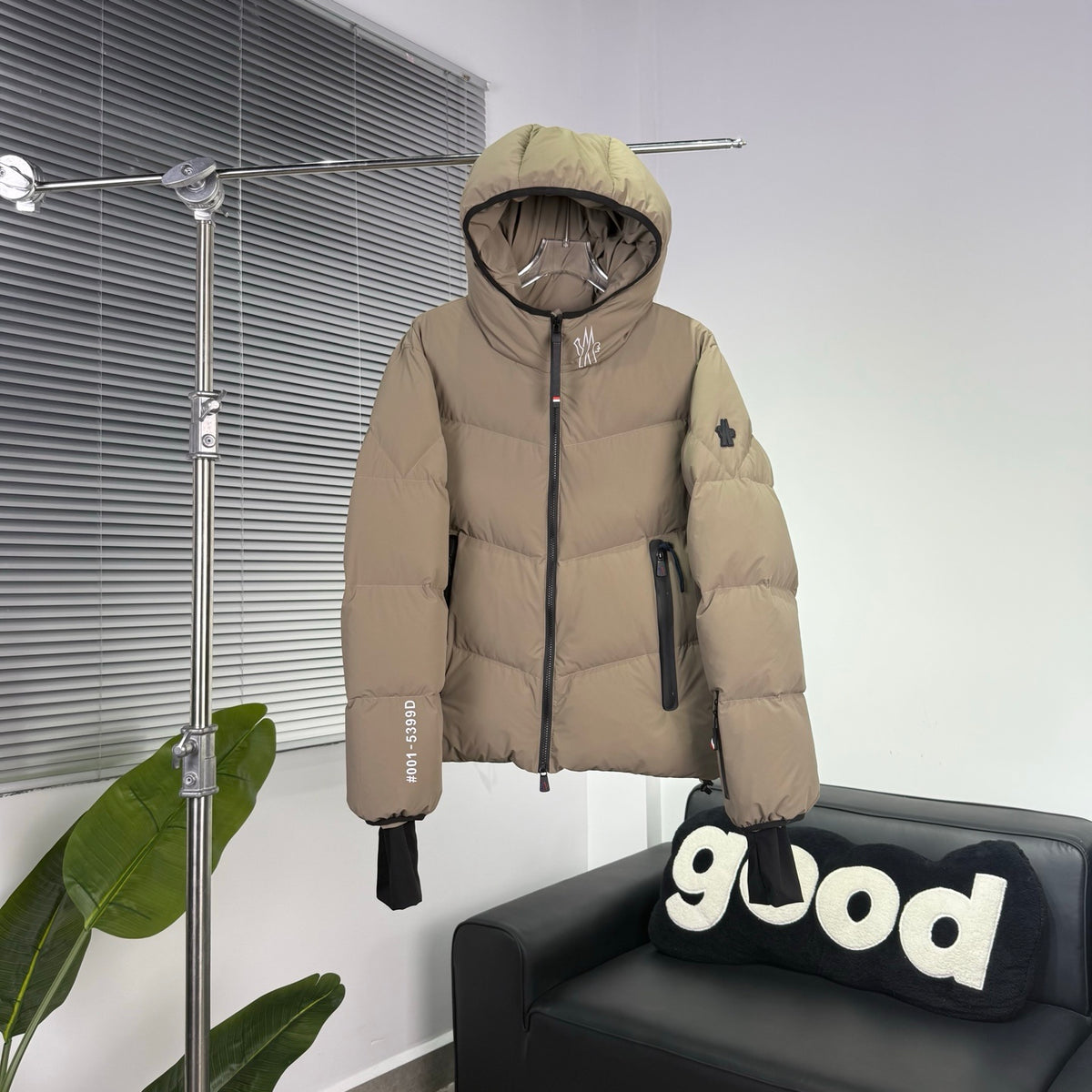 Moncler Taupe Beige Chevron-Quilt Hooded Puffer Jacket