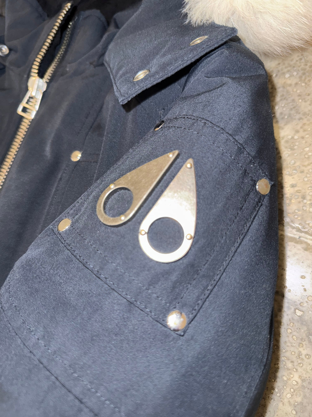 Moose Knuckles Navy Blue Contrast Plush-Trim Hooded Bomber Jacket