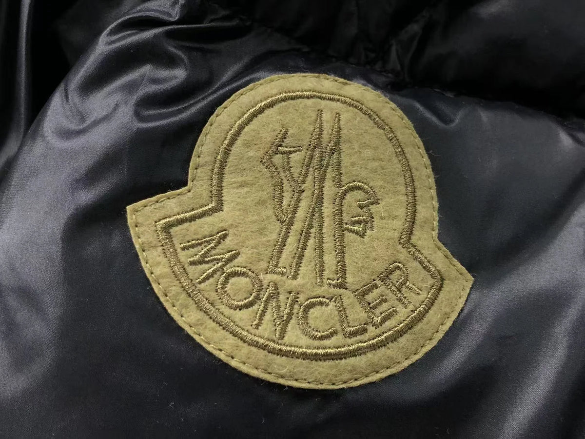 Moncler Glossy Black Stand Collar Puffer Jacket with Olive Logo Patch
