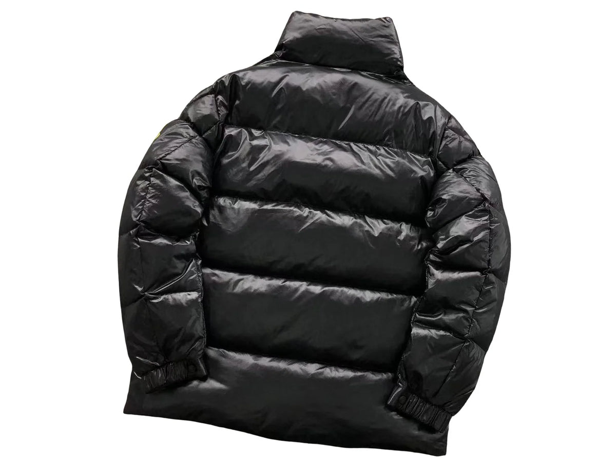 Moncler Glossy Black Stand Collar Puffer Jacket with Olive Logo Patch