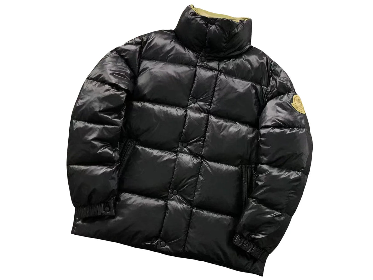 Moncler Glossy Black Stand Collar Puffer Jacket with Olive Logo Patch