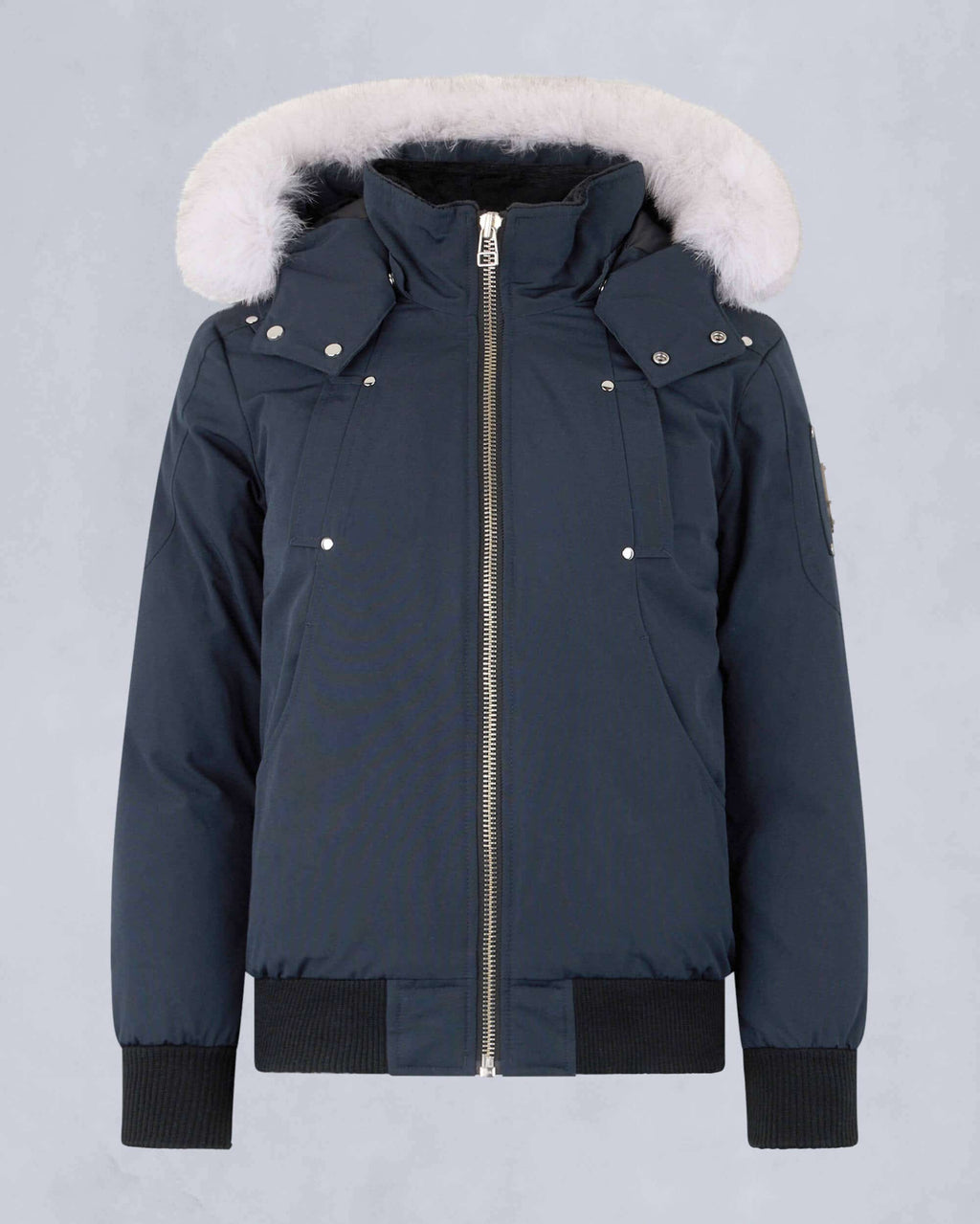 Moose Knuckles Navy Blue Contrast Plush-Trim Hooded Bomber Jacket