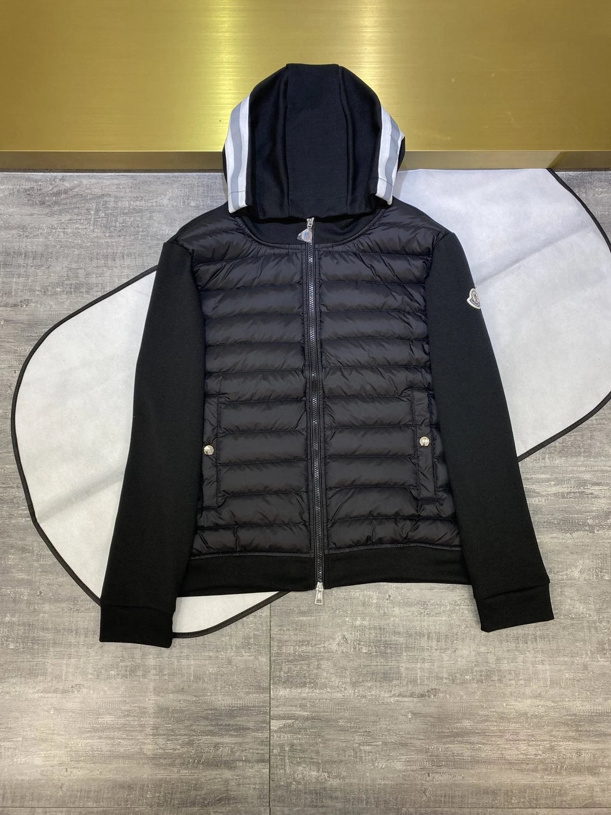 Moncler Black Quilted Front Stripe Hood Jacket