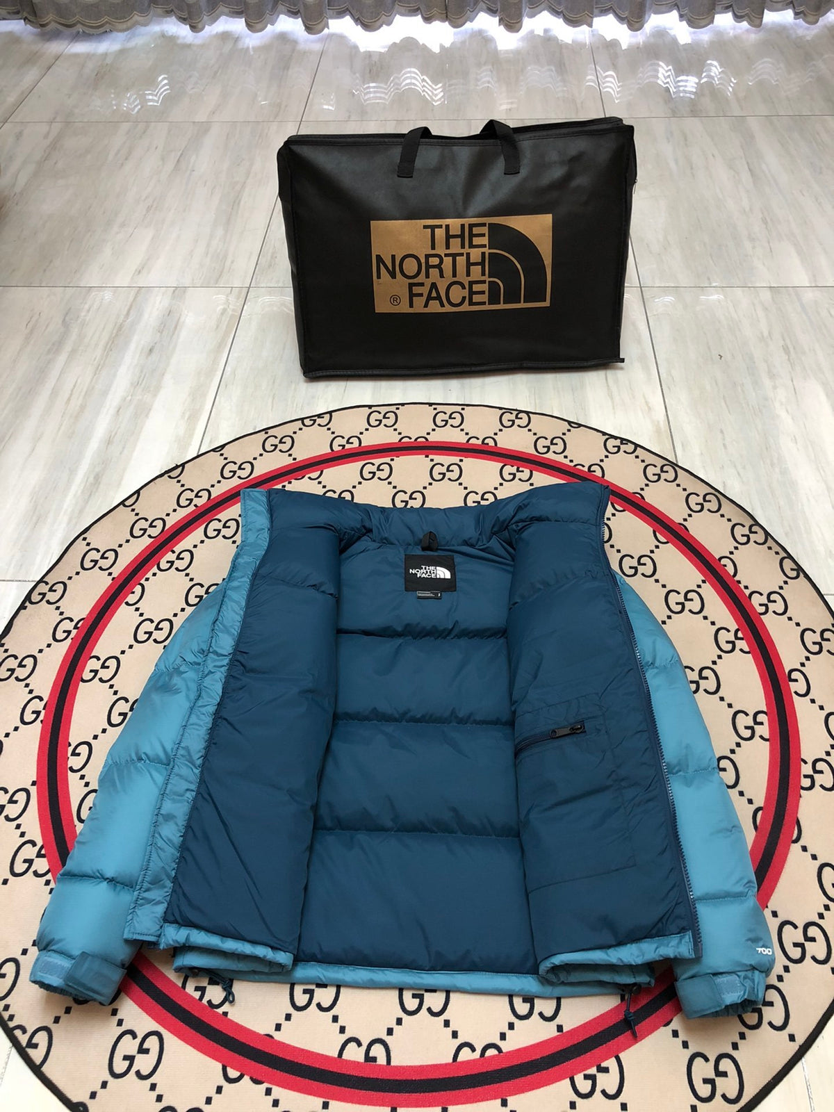 The North Face Teal Blue and Navy Colorblock Puffer Jacket