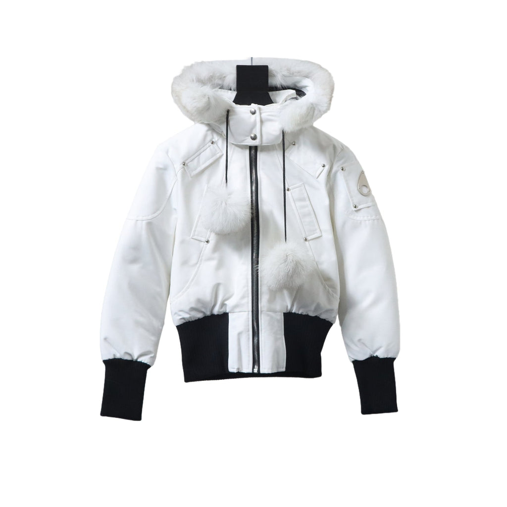 Moose Knuckles White Pom-Pom Hooded Bomber Jacket with Black Trim