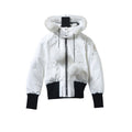 Moose Knuckles White Pom-Pom Hooded Bomber Jacket with Black Trim