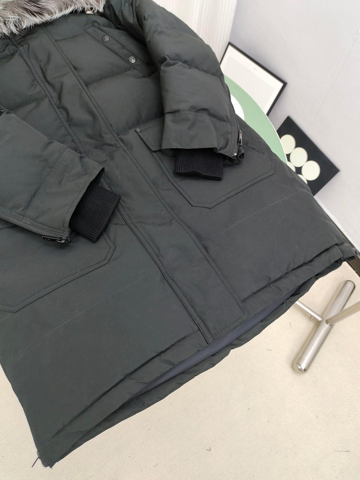 Moose Knuckles Charcoal Gray Long Hooded Puffer Parka