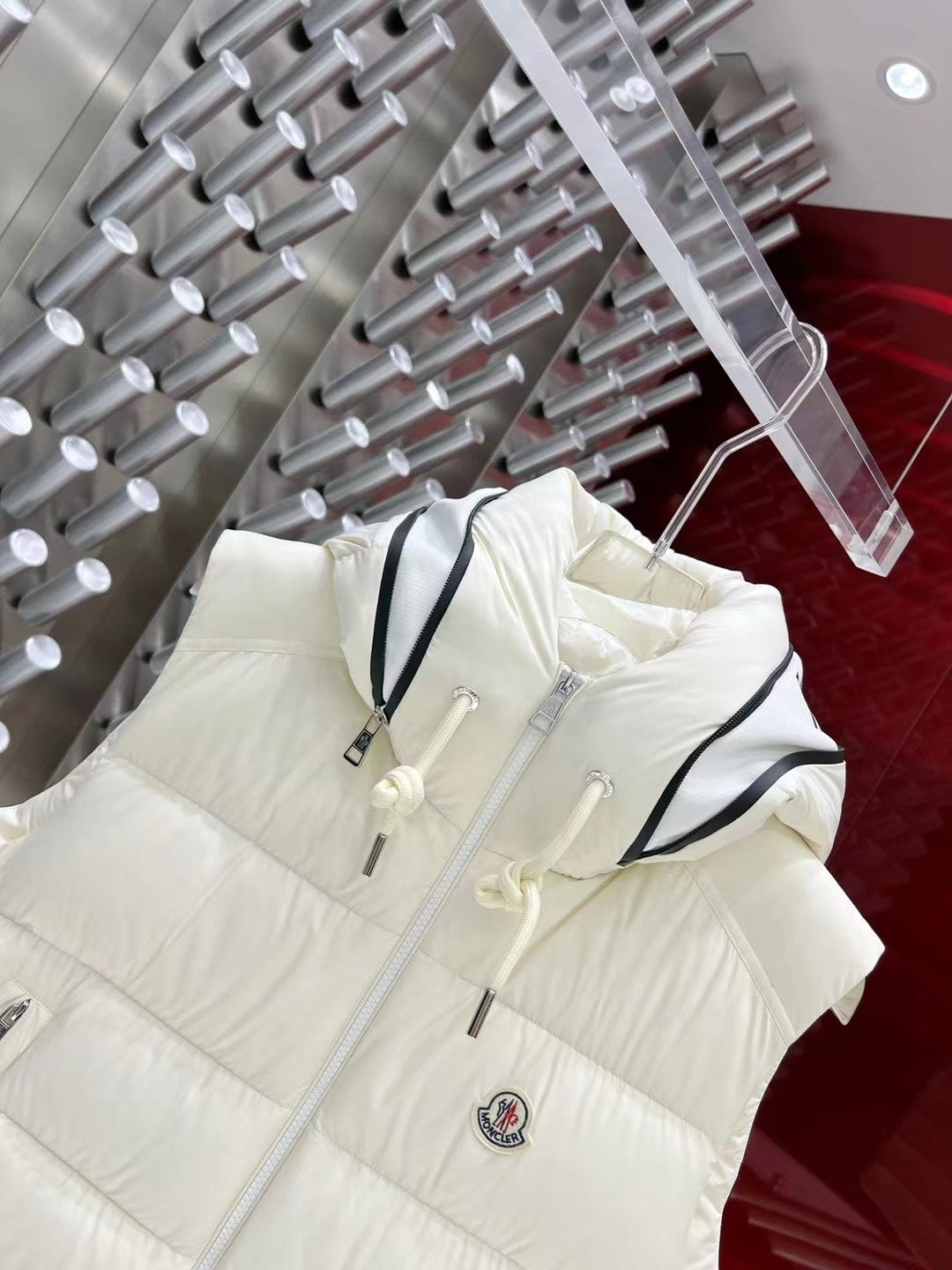Moncler White Logo Hood Quilted Puffer Vest