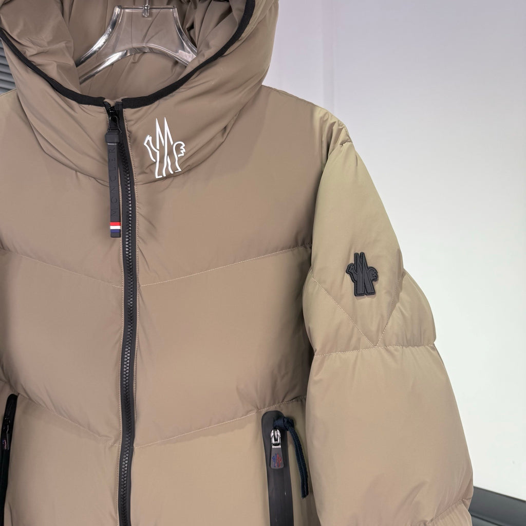 Moncler Taupe Beige Chevron-Quilt Hooded Puffer Jacket