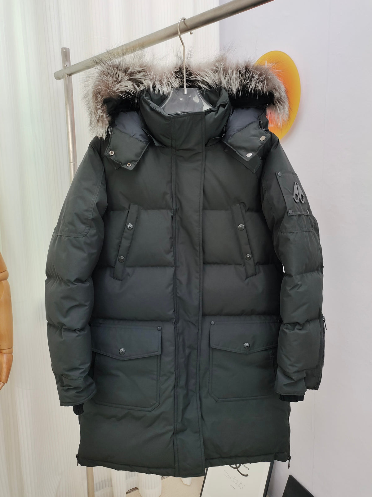 Moose Knuckles Charcoal Gray Long Hooded Puffer Parka